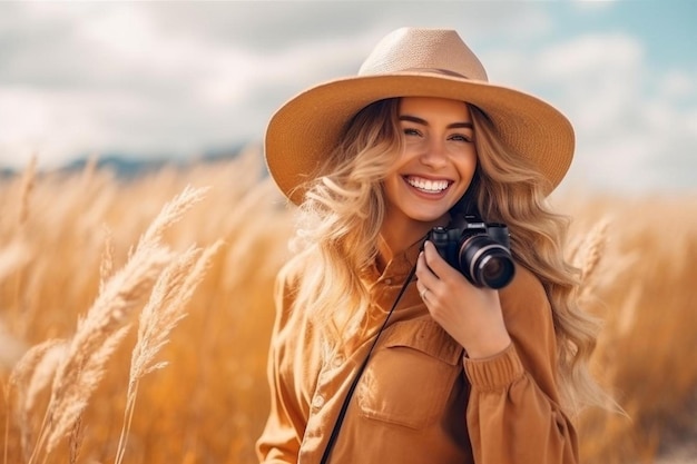 a woman with a camera is taking a photo of a wheat field