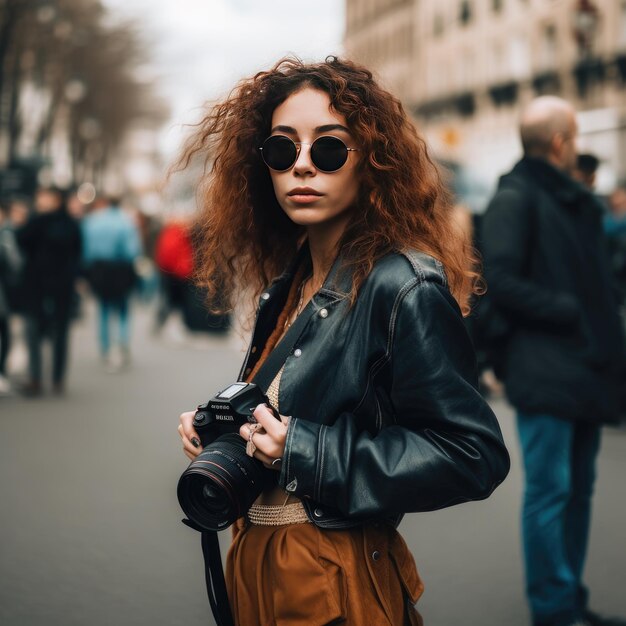 a woman with a camera is wearing a leather jacket and sunglasses.