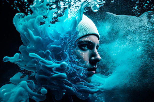 Photo a woman with a cap and a fish head is covered in water.