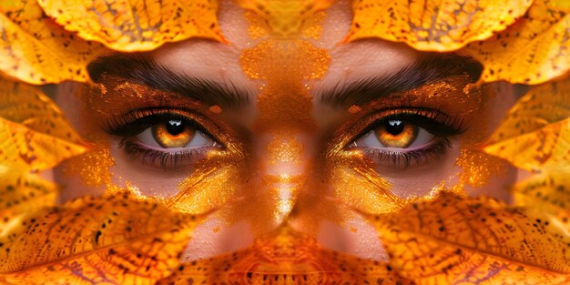 Woman with captivating amber eyes adorned with golden eyeshadow and autumnal allure Concept Fierce Gaze Autumninspired Makeup Golden Eyeshadow Captivating Amber Eyes