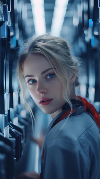 A woman with captivating blue eyes standing inside a moving train