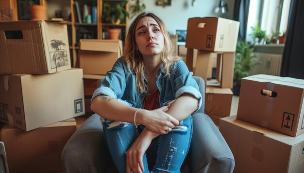 Photo woman with cardboxes in room