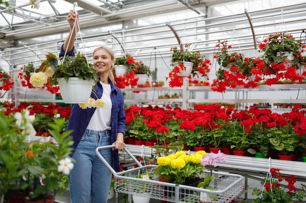 Photo woman with a cart chooses flowers in a greenhouse