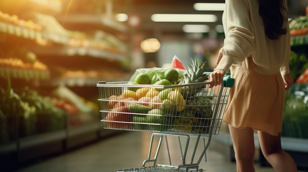 Woman with cart for shopping in a supermarket