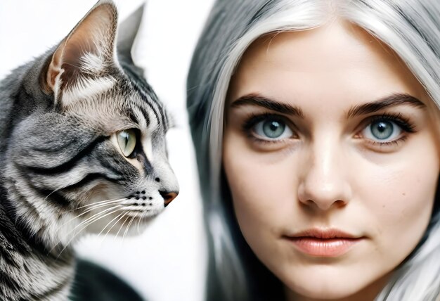 Photo a woman with a cat and a cat on her face