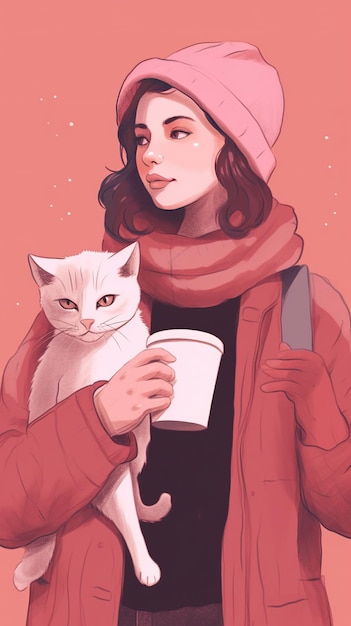 Woman with a cat Hand drawn woman holding her cat