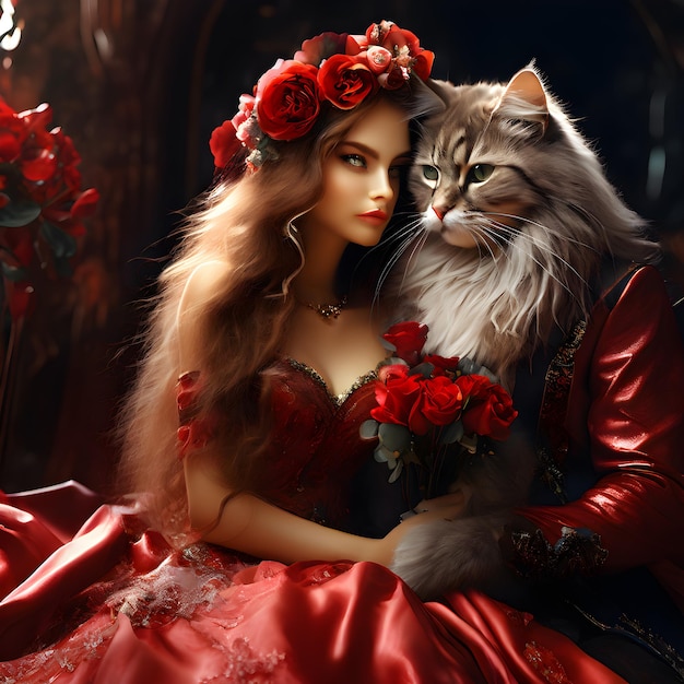 a woman with a cat and a red dress with roses on her head