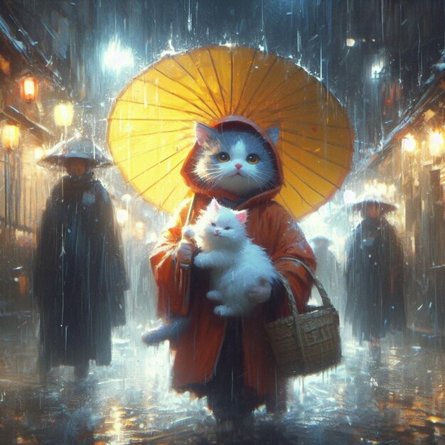 a woman with a cat and a yellow umbrella in the rain