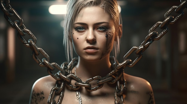 首に鎖を巻かれた女性が、暗い背景に鎖でつながれています。