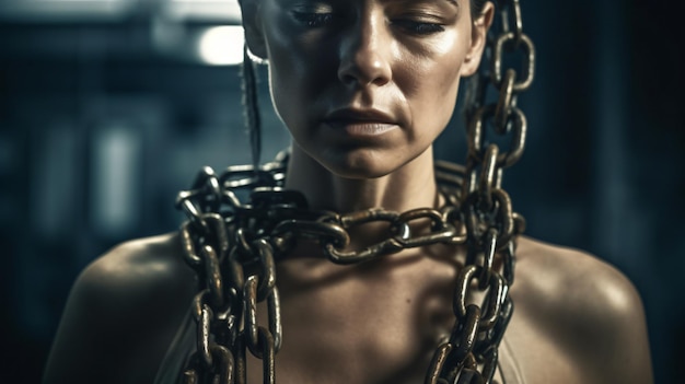 A woman with chains around her neck is tied to a chain.