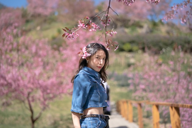 Woman with cherry blossoms or sakura flower blooming in the park