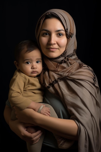 Photo woman with child refugees emigrants