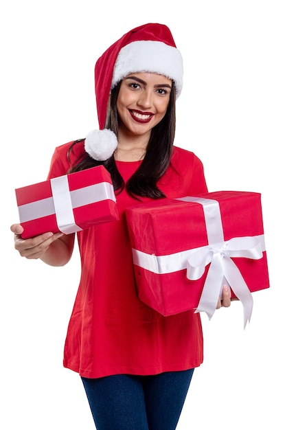 Woman with Christmas hat holding a gift isolated on white.