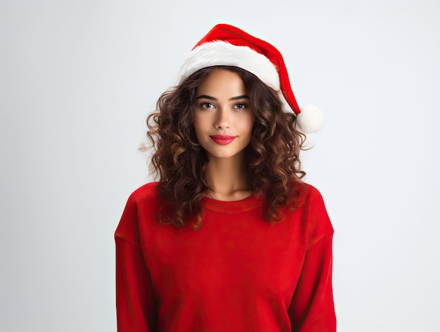 woman with christmas hat and red sweater on white background photography