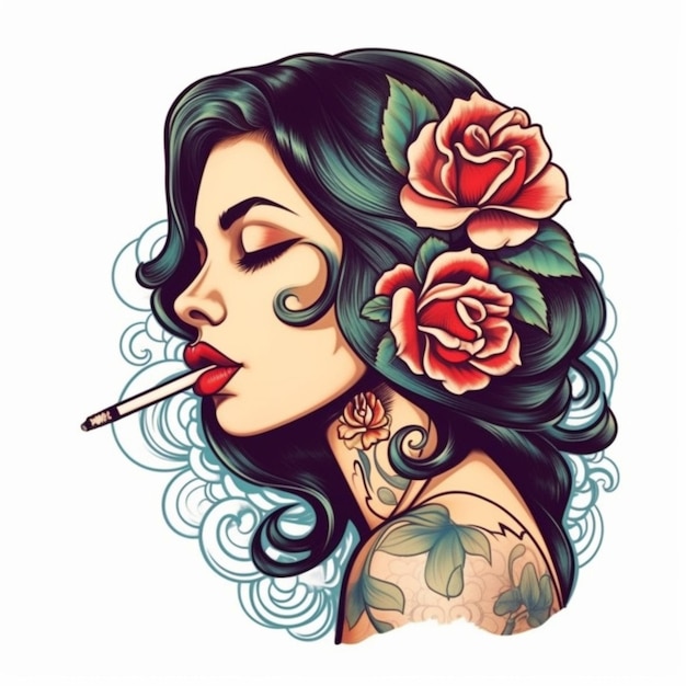 A woman with a cigarette and roses in her hair generative ai