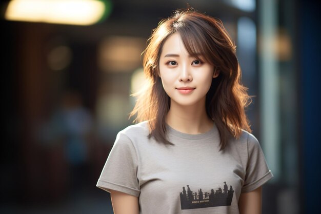 a woman with a city skyline t shirt on