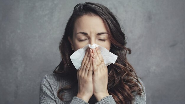 Woman with closed eyes blowing her nose into tissue paper against gray background