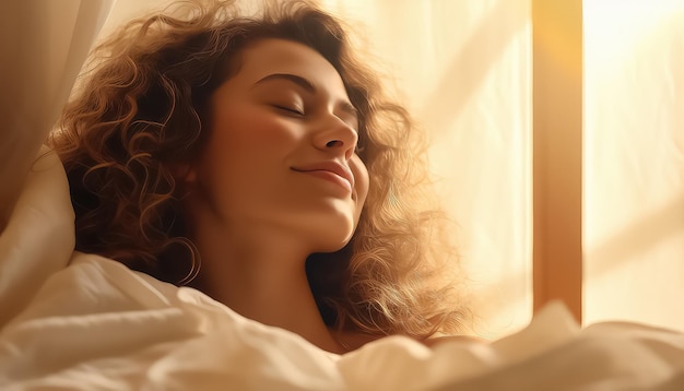 Foto donna con gli occhi chiusi che si gode del silenzio del sonnellino pomeridiano 8 marzo giornata mondiale della donna