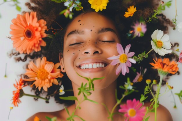 Woman With Closed Eyes and Flowers in Hair Generative AI