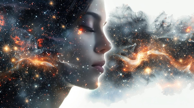 Photo woman with closed eyes gazing at starry space