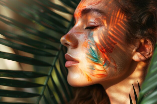 Woman with closed eyes and tropical leaves painting