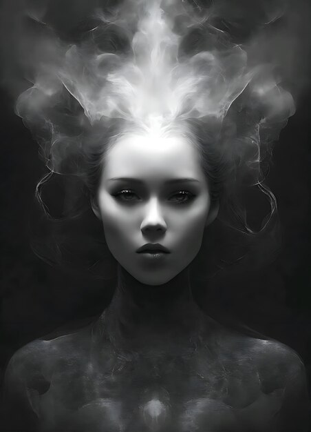 a woman with a cloud of smoke behind her head