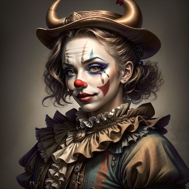 A woman with a clown face and a hat