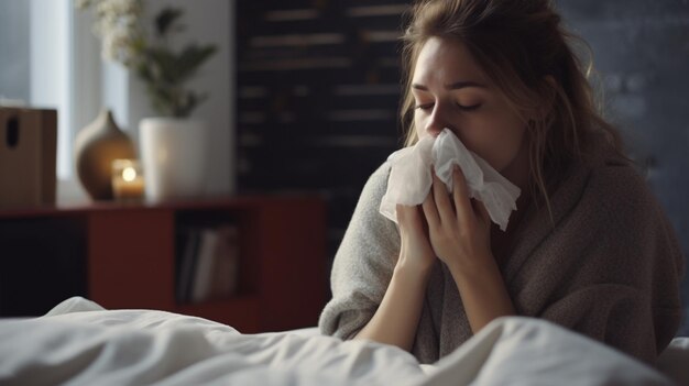 woman with cold nose and flu at home high quality photo