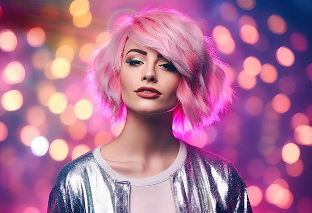 a woman with colored hair wearing a pink jacket in the style of retro pop