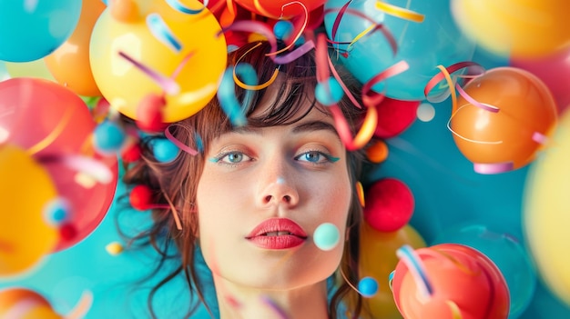 Woman with colorful balloons and confetti
