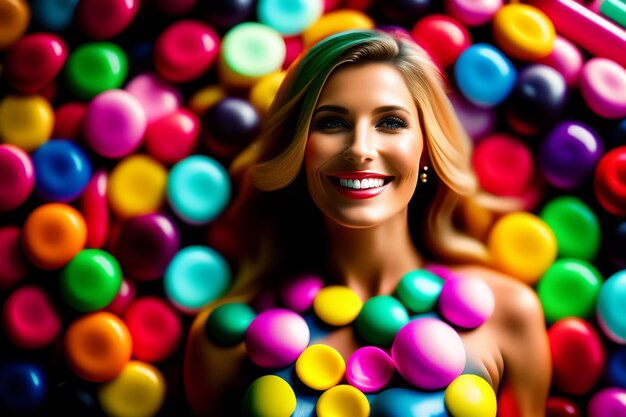 A woman with colorful balls in her hair