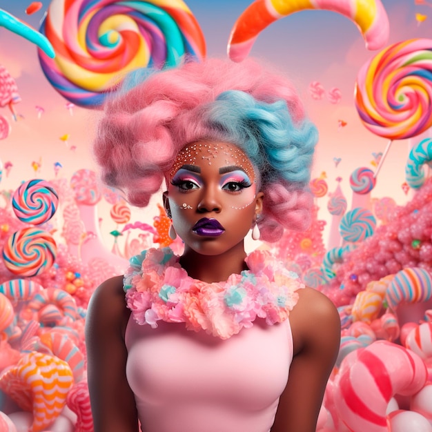 Photo a woman with a colorful cotton candy hairstyle and a pink top