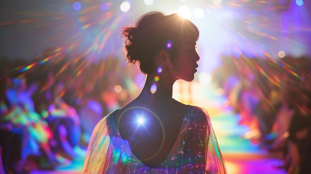 a woman with a colorful dress and a bright light behind her back