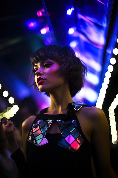 a woman with a colorful dress and a colorful light behind her