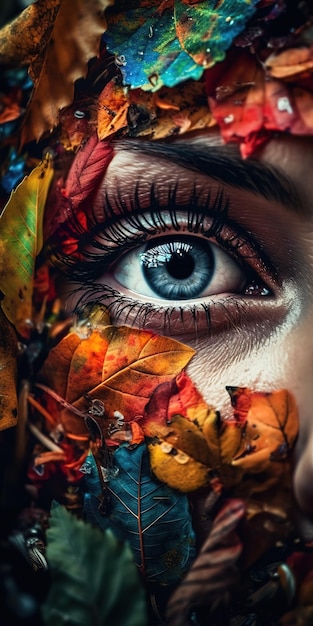 A woman with a colorful eye and a leaf on her face