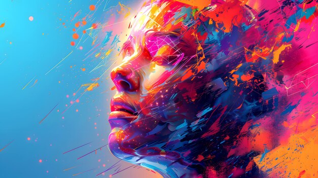 Photo woman with colorful face on blue background with paint splashes