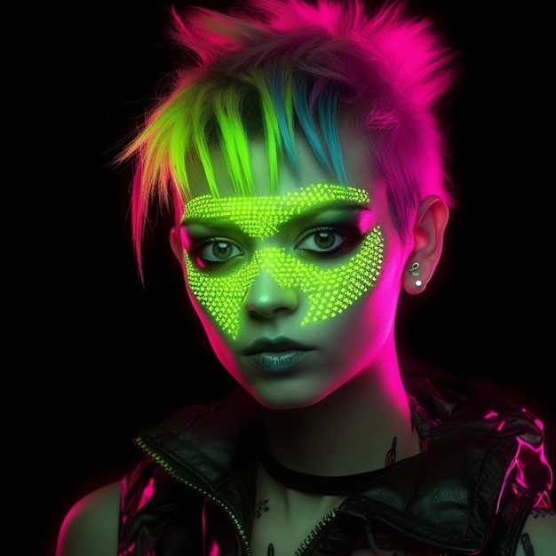 a woman with a colorful face and a neon colored face with bright colors on her face.