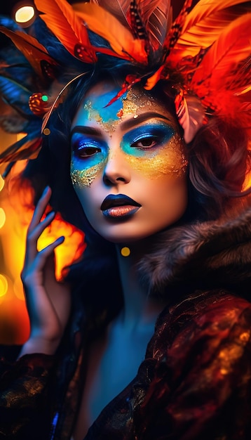 A woman with a colorful face paint and a colorful feather on her face