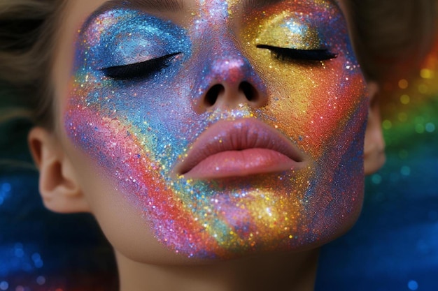 a woman with a colorful face paint and a pink lip.