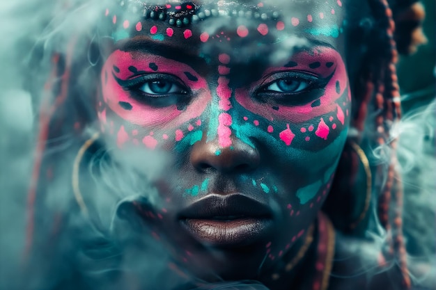 A woman with colorful face paint and smoke