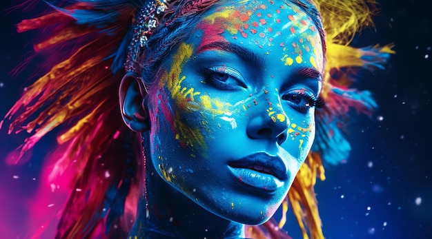 A woman with a colorful face painted in bright colors