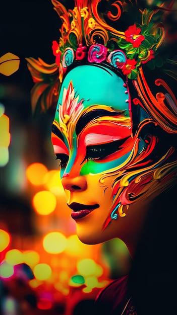 a woman with a colorful face painted with the colors of her face and the words  go  on the bottom