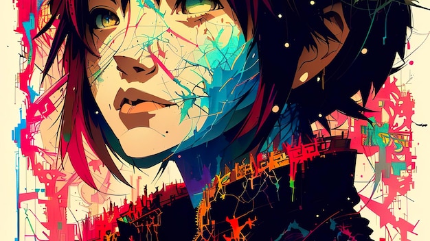 A woman with a colorful face and the words'ghost in the shell'on the bottom right