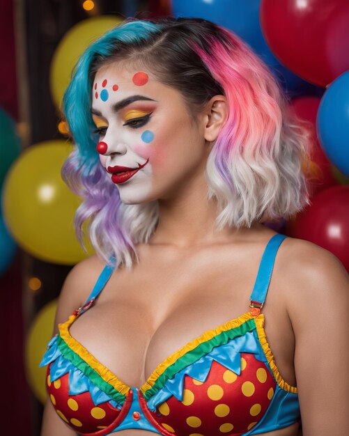 A woman with colorful hair and clown makeup