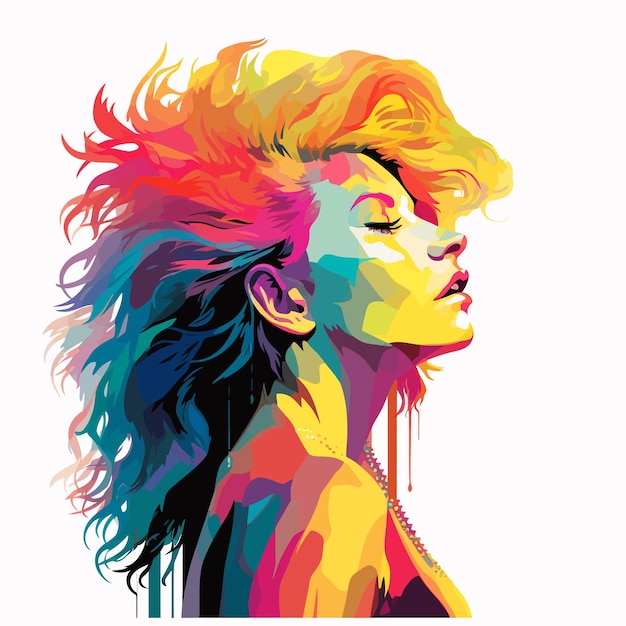 A woman with colorful hair and a colorful image of a woman with a rainbow colored hair.