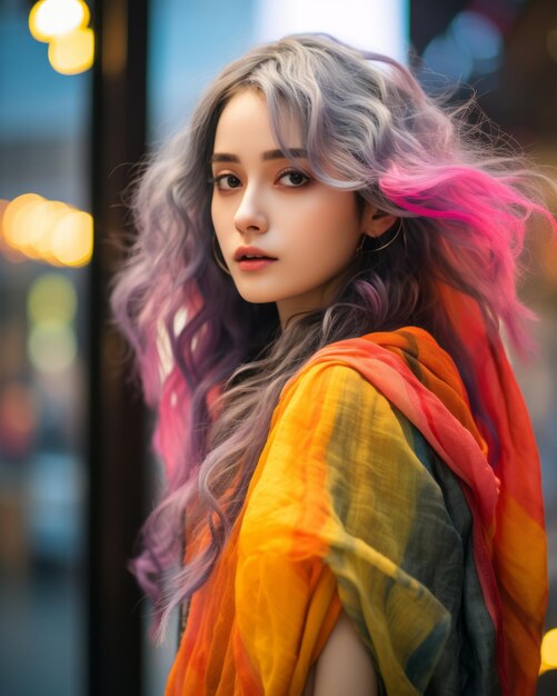 A woman with colorful hair and a colorful scarf