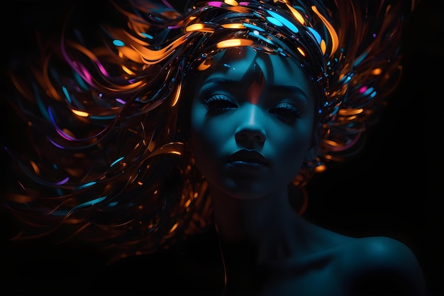 Photo a woman with a colorful hair in the dark