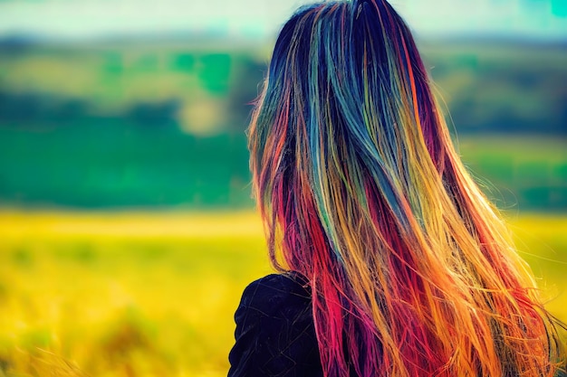 Photo woman with colorful hair at farm 3d illustrated