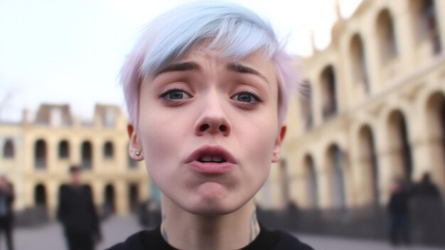 A woman with colorful hair in front of a historical building in Europe