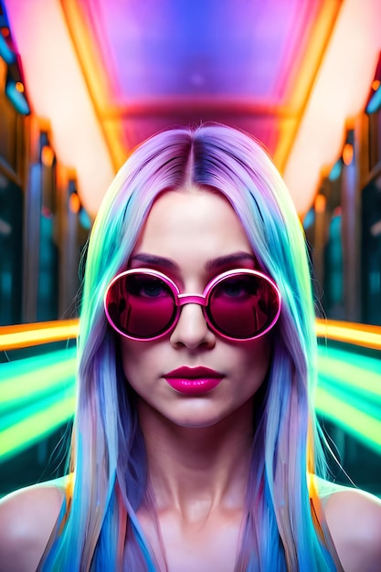 A woman with colorful hair and glasses in a neon tunnel.